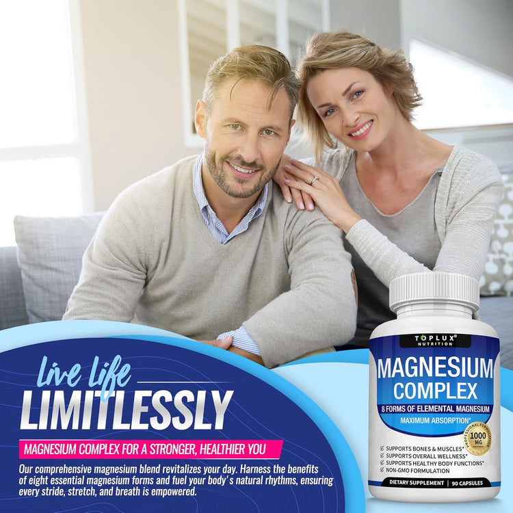 Magnesium Complex Supplement 8 Elemental 1000Mg - Magnesium Glycinate, Citrate, Malate, Taurate, Chelated for Easy Absorption for Bones, Muscle, Recovery, Energy, Vegan Non-Gmo 90 Capsules