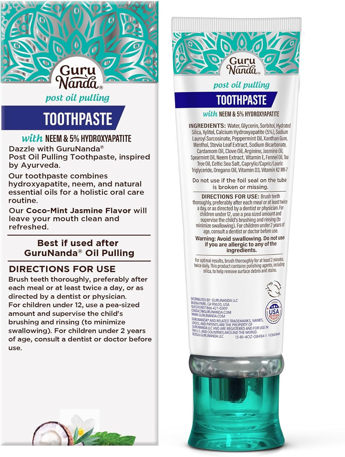 Gurunanda Hydroxyapatite Toothpaste, SLS & Fluoride Free (4 Pack), Whitening Toothpaste - Freshens Breath, Fights Plaque - with 2 Toothbrushes, 2 Tongue Scrapers & 2 Tube Squeezers