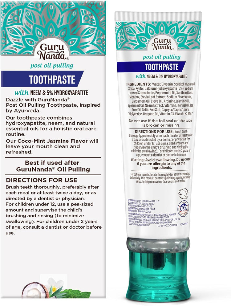 Gurunanda Hydroxyapatite Toothpaste, SLS & Fluoride Free (4 Pack), Whitening Toothpaste - Freshens Breath, Fights Plaque - with 2 Toothbrushes, 2 Tongue Scrapers & 2 Tube Squeezers