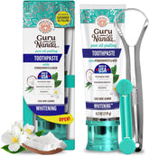 Gurunanda Hydroxyapatite Toothpaste, SLS & Fluoride Free (4 Pack), Whitening Toothpaste - Freshens Breath, Fights Plaque - with 2 Toothbrushes, 2 Tongue Scrapers & 2 Tube Squeezers