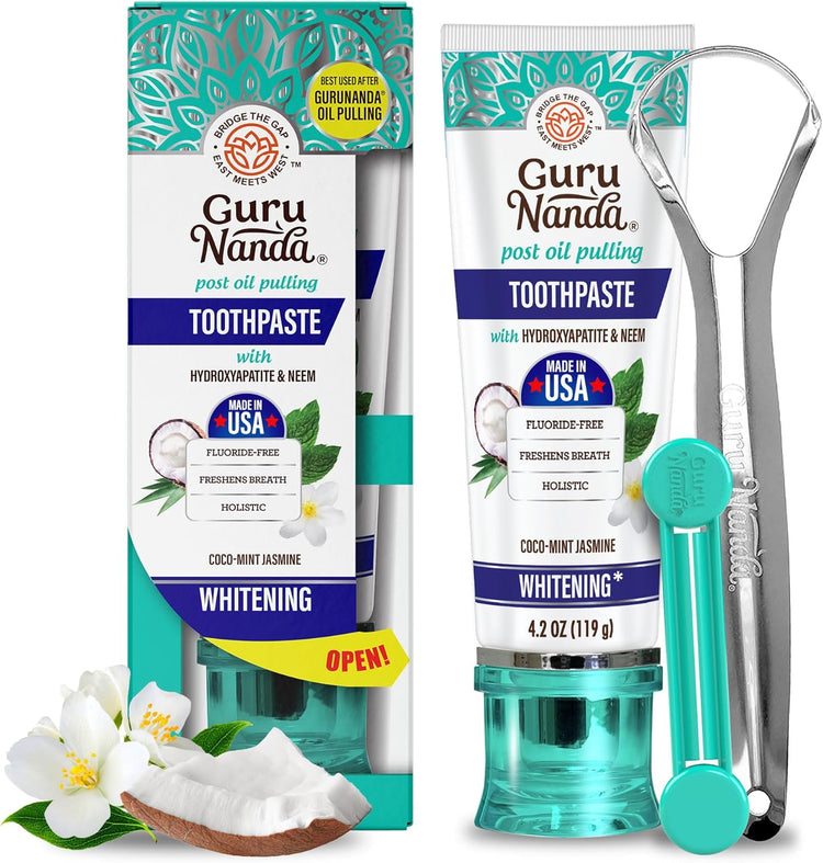 Gurunanda Hydroxyapatite Toothpaste, SLS & Fluoride Free (4 Pack), Whitening Toothpaste - Freshens Breath, Fights Plaque - with 2 Toothbrushes, 2 Tongue Scrapers & 2 Tube Squeezers