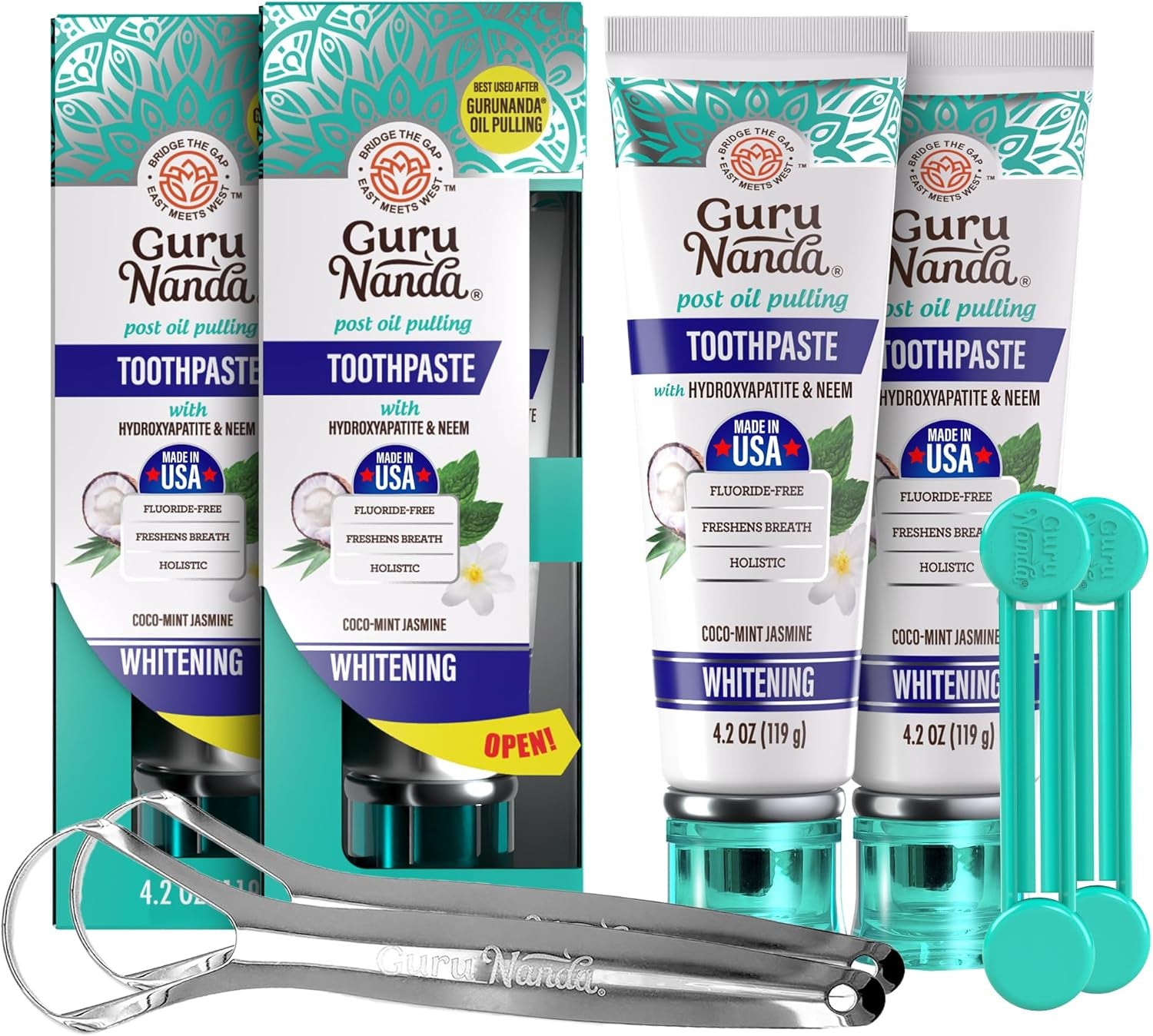 Gurunanda Hydroxyapatite Toothpaste, SLS & Fluoride Free (4 Pack), Whitening Toothpaste - Freshens Breath, Fights Plaque - with 2 Toothbrushes, 2 Tongue Scrapers & 2 Tube Squeezers