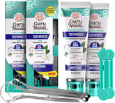 Gurunanda Hydroxyapatite Toothpaste, SLS & Fluoride Free (4 Pack), Whitening Toothpaste - Freshens Breath, Fights Plaque - with 2 Toothbrushes, 2 Tongue Scrapers & 2 Tube Squeezers