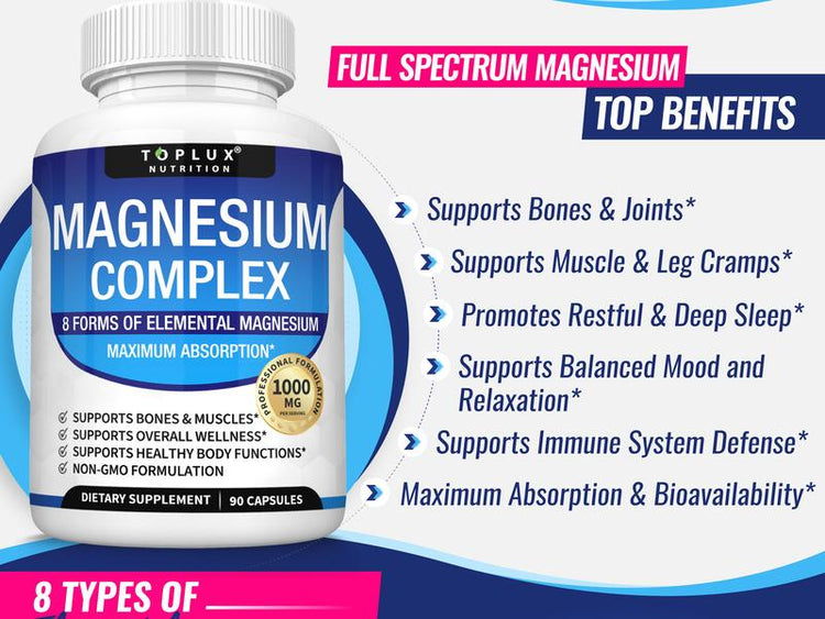 Magnesium Complex Supplement 8 Elemental 1000Mg - Magnesium Glycinate, Citrate, Malate, Taurate, Chelated for Easy Absorption for Bones, Muscle, Recovery, Energy, Vegan Non-Gmo 90 Capsules