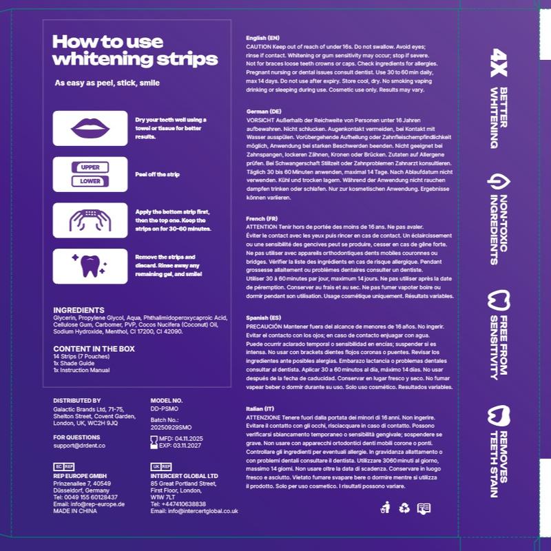 Purple Teeth Whitening Strips Improve Dental Yellowing Oral Cleaning Gel Teeth Bright Stain for Lasting Bright Smile