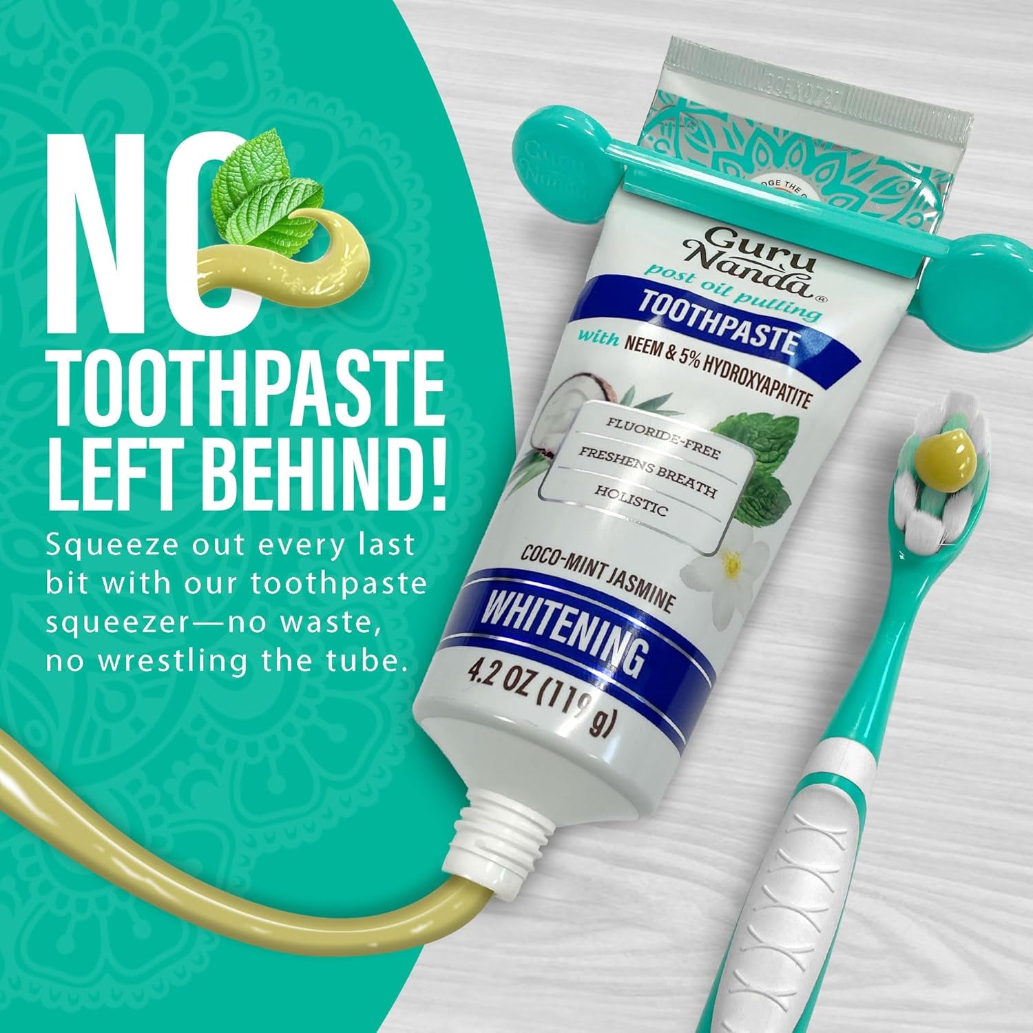 Gurunanda Hydroxyapatite Toothpaste, SLS & Fluoride Free (4 Pack), Whitening Toothpaste - Freshens Breath, Fights Plaque - with 2 Toothbrushes, 2 Tongue Scrapers & 2 Tube Squeezers