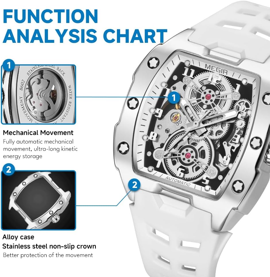 Automatic Mechanical Men Watch, Silicone Band, 43X50Mm Alloy Case, 3ATM Water Resistant, Luminous Hands