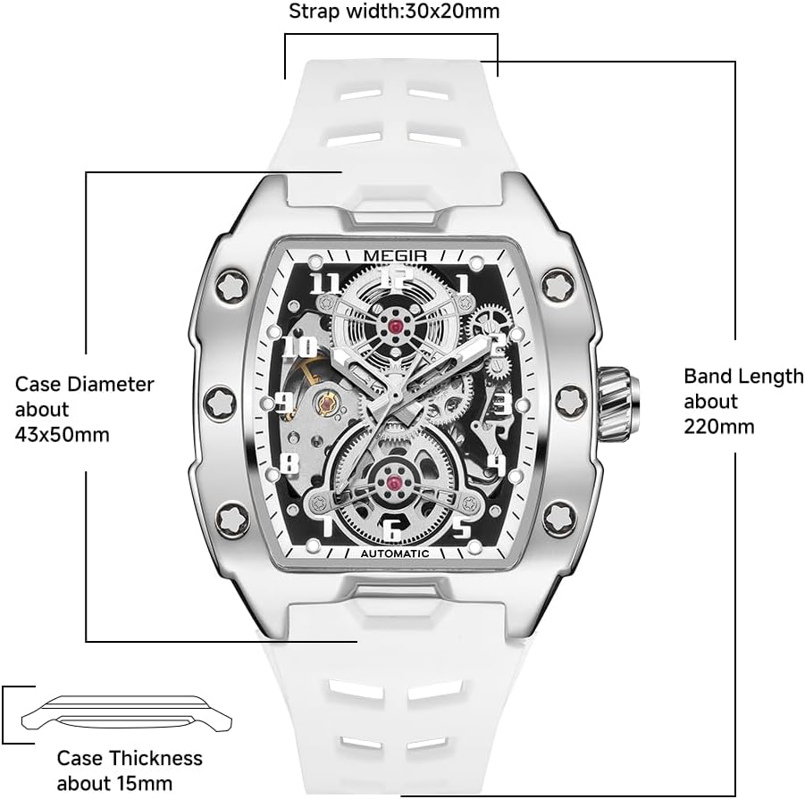 Automatic Mechanical Men Watch, Silicone Band, 43X50Mm Alloy Case, 3ATM Water Resistant, Luminous Hands