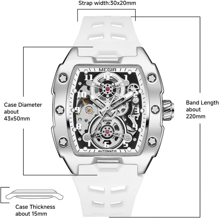 Automatic Mechanical Men Watch, Silicone Band, 43X50Mm Alloy Case, 3ATM Water Resistant, Luminous Hands