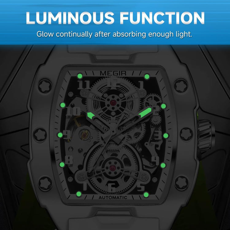 Automatic Mechanical Men Watch, Silicone Band, 43X50Mm Alloy Case, 3ATM Water Resistant, Luminous Hands
