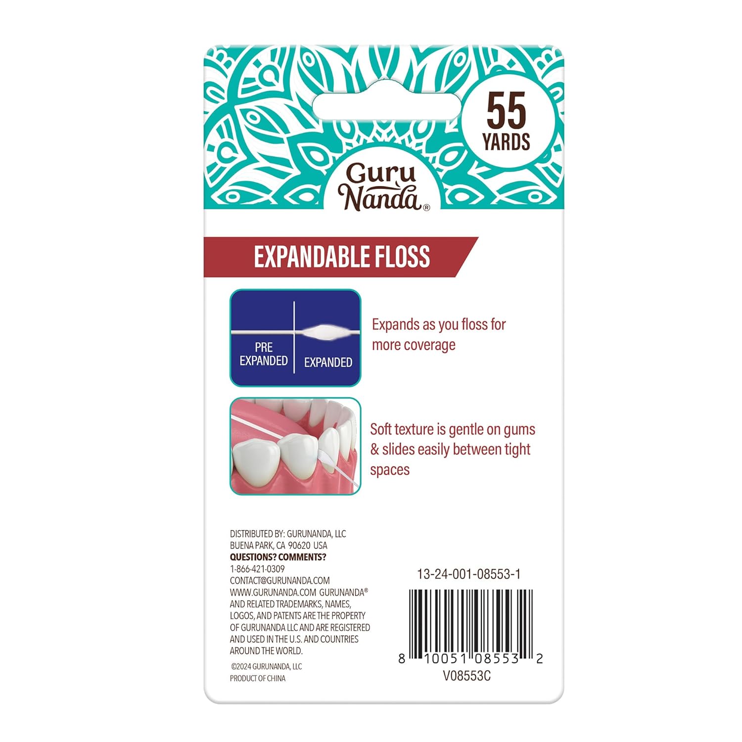Gurunanda Expandable Waxed Dental Floss for Gentle, Deep Cleaning Wide Teeth Flossing - Cinnamon Flavor - 55 Yards