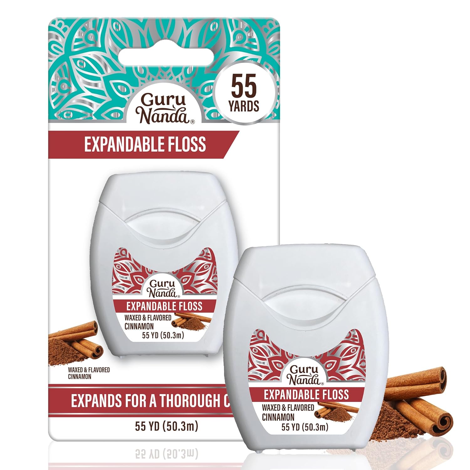 Gurunanda Expandable Waxed Dental Floss for Gentle, Deep Cleaning Wide Teeth Flossing - Cinnamon Flavor - 55 Yards