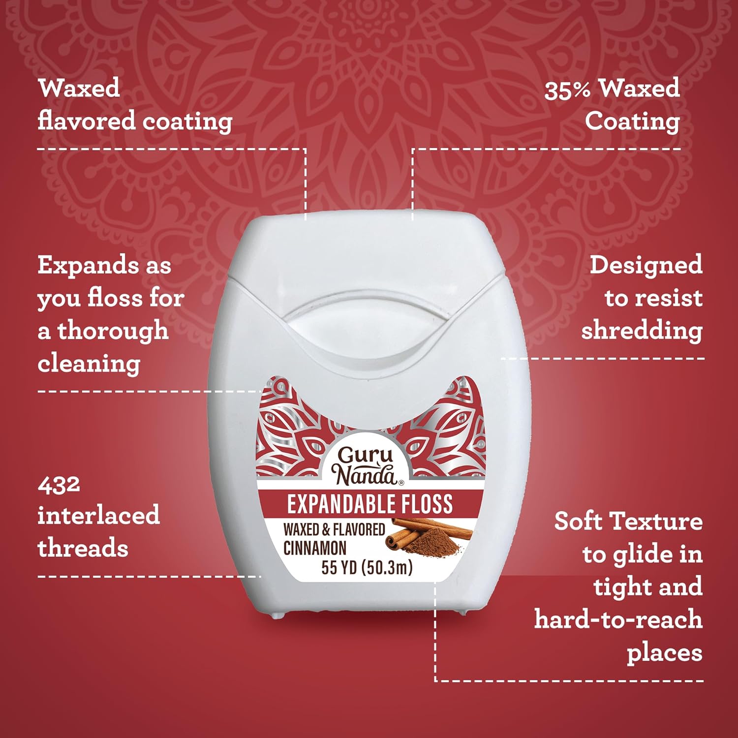 Gurunanda Expandable Waxed Dental Floss for Gentle, Deep Cleaning Wide Teeth Flossing - Cinnamon Flavor - 55 Yards