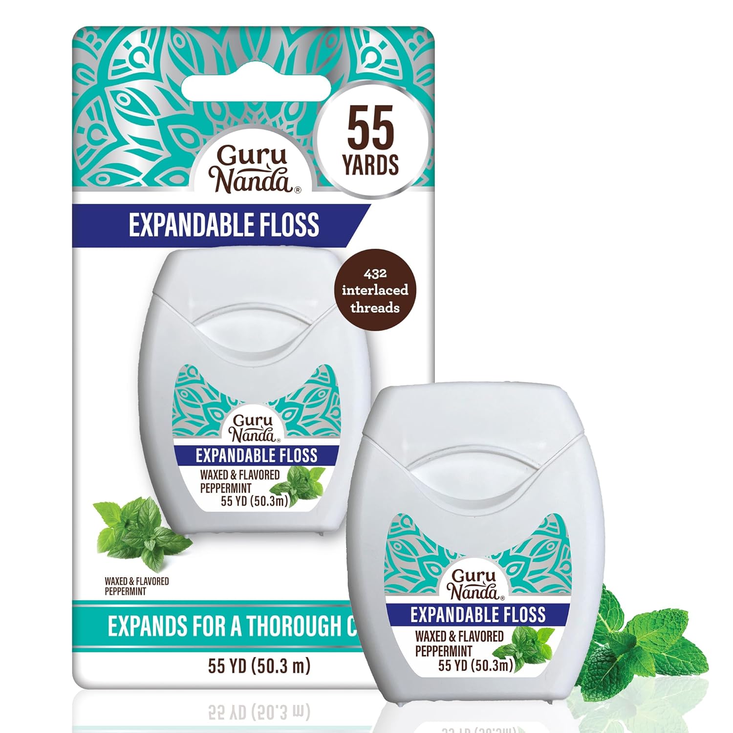 Gurunanda Expandable Waxed Dental Floss for Gentle, Deep Cleaning Wide Teeth Flossing - Cinnamon Flavor - 55 Yards