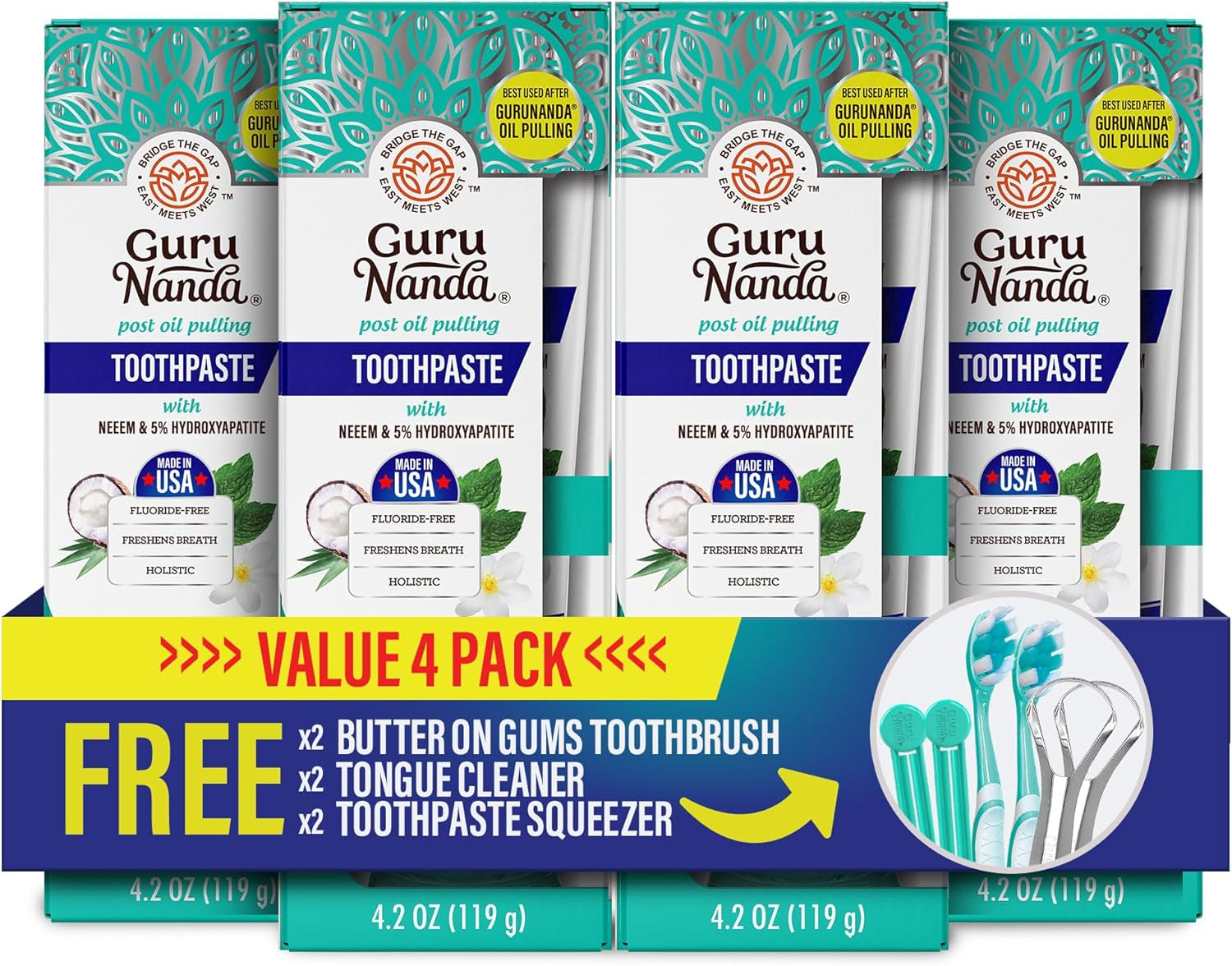 Gurunanda Hydroxyapatite Toothpaste, SLS & Fluoride Free (4 Pack), Whitening Toothpaste - Freshens Breath, Fights Plaque - with 2 Toothbrushes, 2 Tongue Scrapers & 2 Tube Squeezers