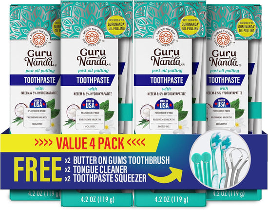 Gurunanda Hydroxyapatite Toothpaste, SLS & Fluoride Free (4 Pack), Whitening Toothpaste - Freshens Breath, Fights Plaque - with 2 Toothbrushes, 2 Tongue Scrapers & 2 Tube Squeezers
