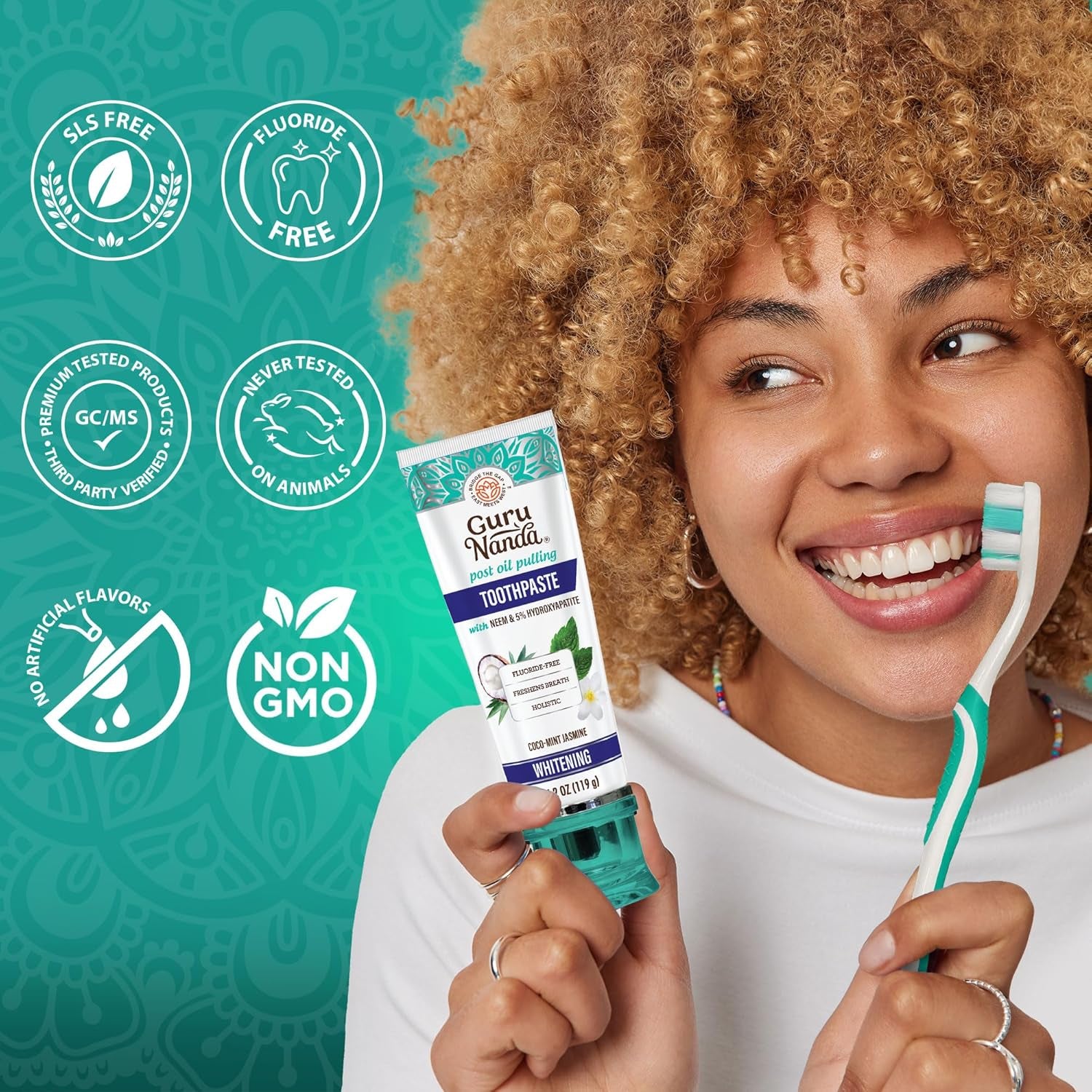 Gurunanda Hydroxyapatite Toothpaste, SLS & Fluoride Free (4 Pack), Whitening Toothpaste - Freshens Breath, Fights Plaque - with 2 Toothbrushes, 2 Tongue Scrapers & 2 Tube Squeezers