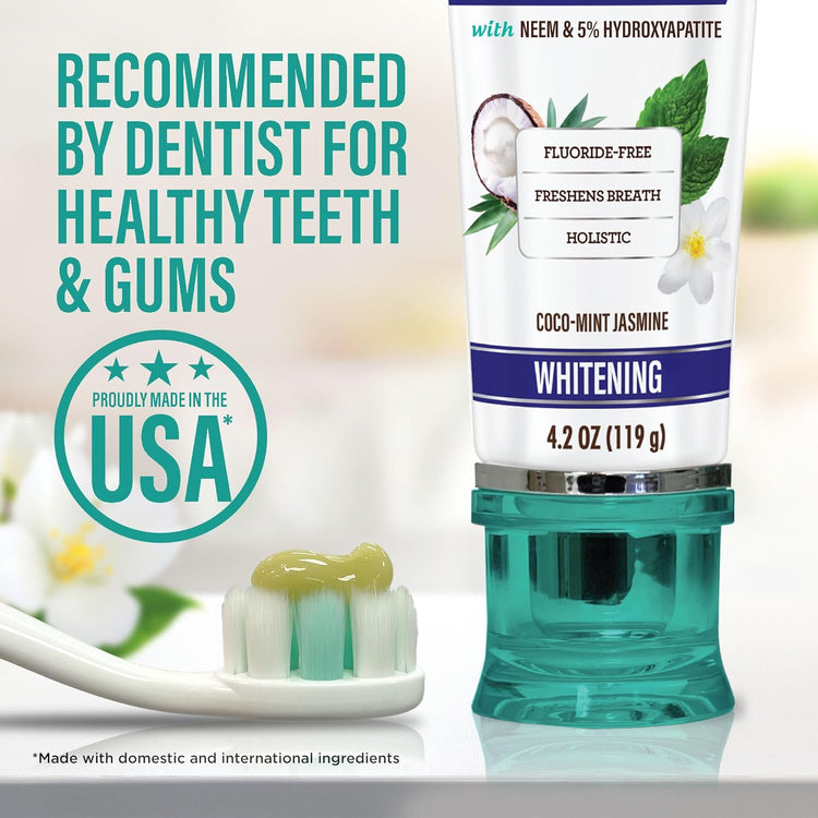 Gurunanda Hydroxyapatite Toothpaste, SLS & Fluoride Free (4 Pack), Whitening Toothpaste - Freshens Breath, Fights Plaque - with 2 Toothbrushes, 2 Tongue Scrapers & 2 Tube Squeezers