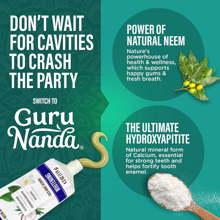 Gurunanda Hydroxyapatite Toothpaste, SLS & Fluoride Free (4 Pack), Whitening Toothpaste - Freshens Breath, Fights Plaque - with 2 Toothbrushes, 2 Tongue Scrapers & 2 Tube Squeezers